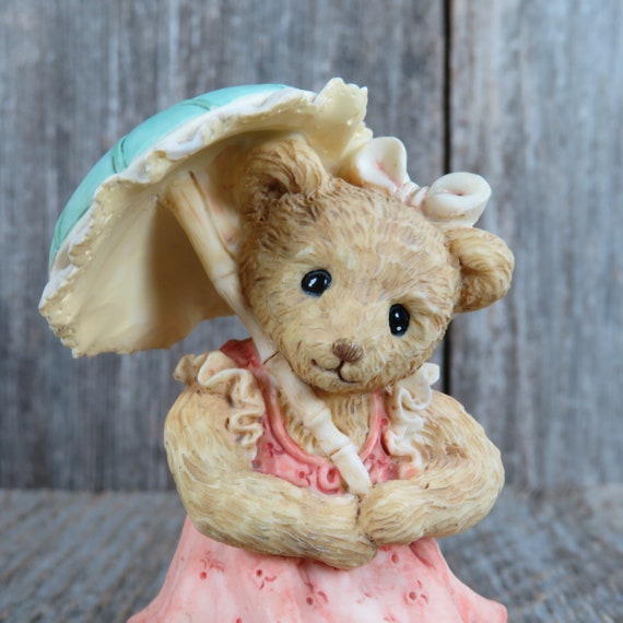 Vintage Bear With Umbrella Figurine Parasol Pink Dress Grandma's