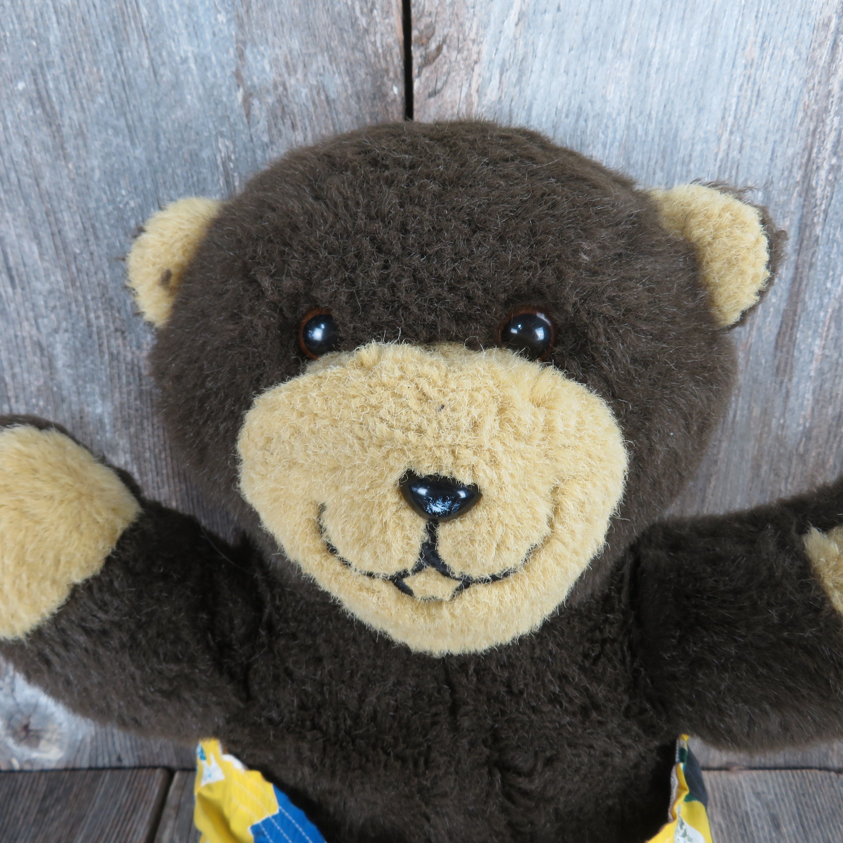 Vintage Brown Teddy Bear Plush the Real Hide A Bear 2 Faces Happy