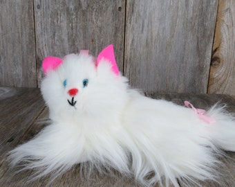 Vintage Cat Plush White Persian Pink Ears Blue Eyes Kitty Stuffed Animal Red Flocked Nose