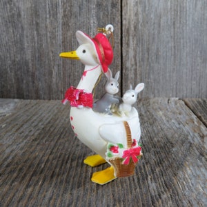Vintage Mother Goose Ornament White Bird Plastic with Basket Bunny Rabbits and Red Bonnet Hat