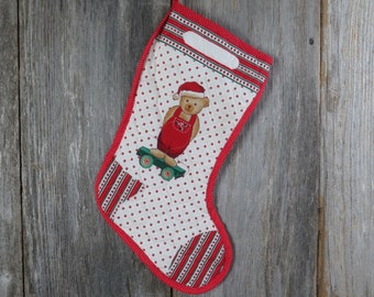 Vintage Teddy Bear on a Wagon Christmas Stocking Quilted Handmade Hearts Holly Fabric Red Green Cloth