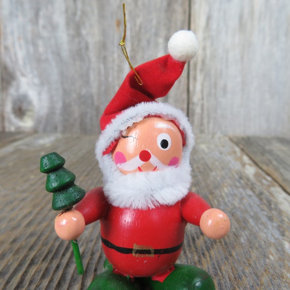 Vintage Wood Santa Winking Ornament Wooden Felt Hat Christmas Tree