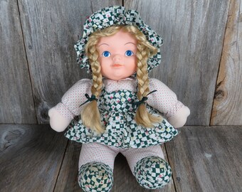 Vintage Soft Body Doll Plush Rubber Face Blonde DanDee Braids Bonnet Green Print Dress