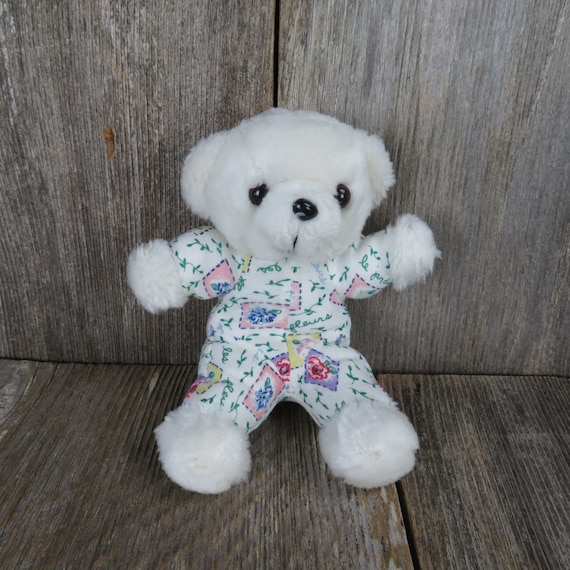 Vintage Mini Bear Plush White With Floral Fabric Body Blue Pink