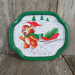 Bear with Sled Tin Plate Santa Cookie Tray Candy Dish Food Gift Serving Platter