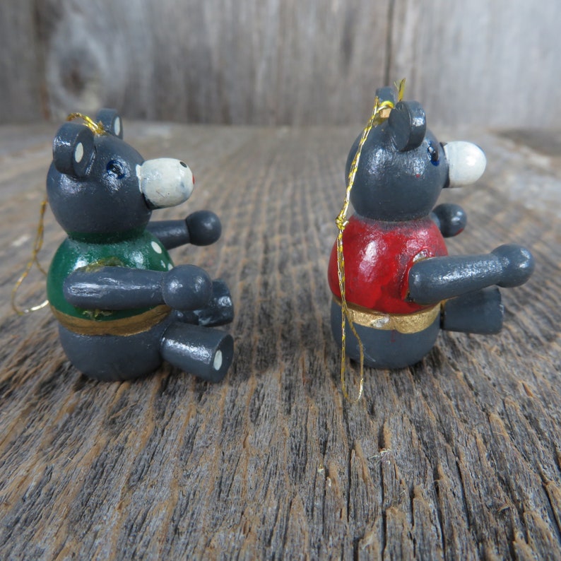 Vintage Teddy Bear Wooden Ornament Set Red Green Vest Grey Etsy
