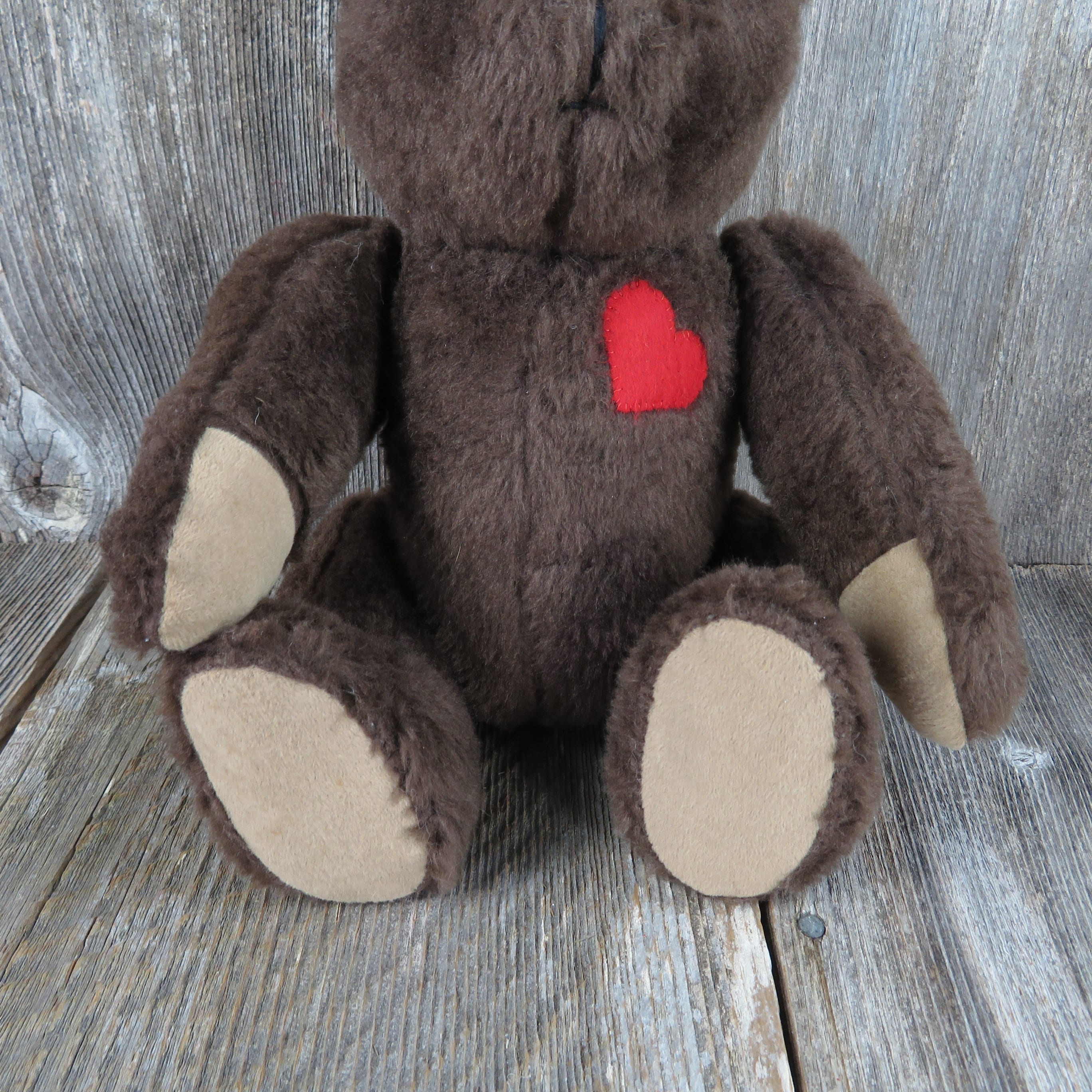 Vintage Handmade Teddy Bear Plush Red Heart Dark Brown Jointed Glass ...