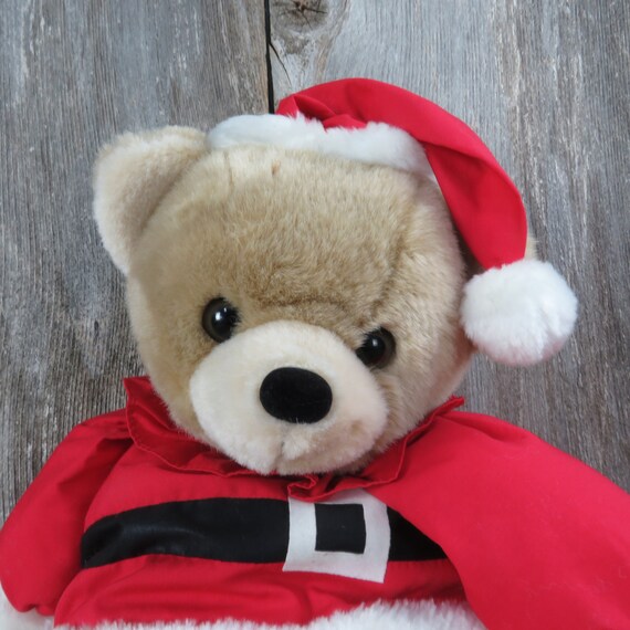 Vintage Santa Teddy Bear Plush Bell Ringer Red Suit Fabric Soft