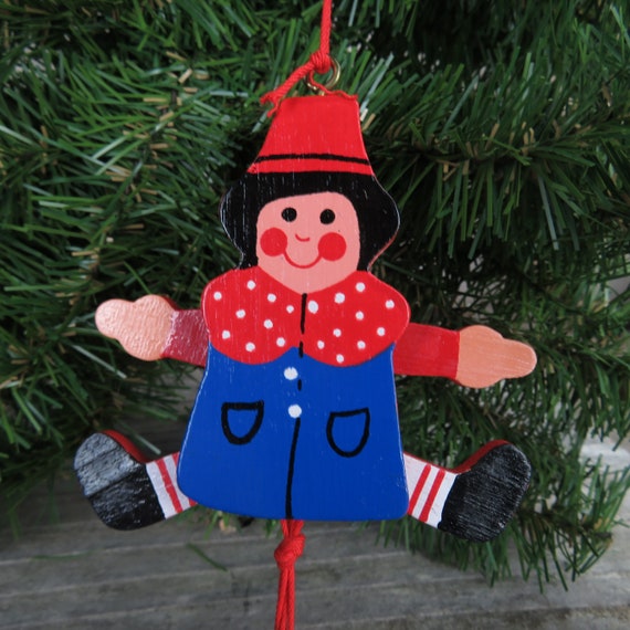 Red and Blue Boy Pull String Wood Ornament Vintage Wooden Jumping