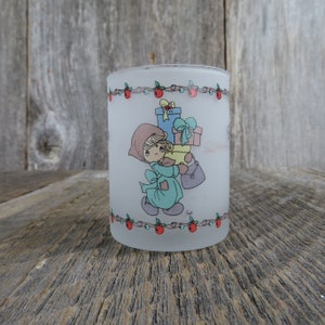 Vintage Precious Moments Candle Holder Christmas Votive Bundles of Joy Glass Frosted 1997 Enesco