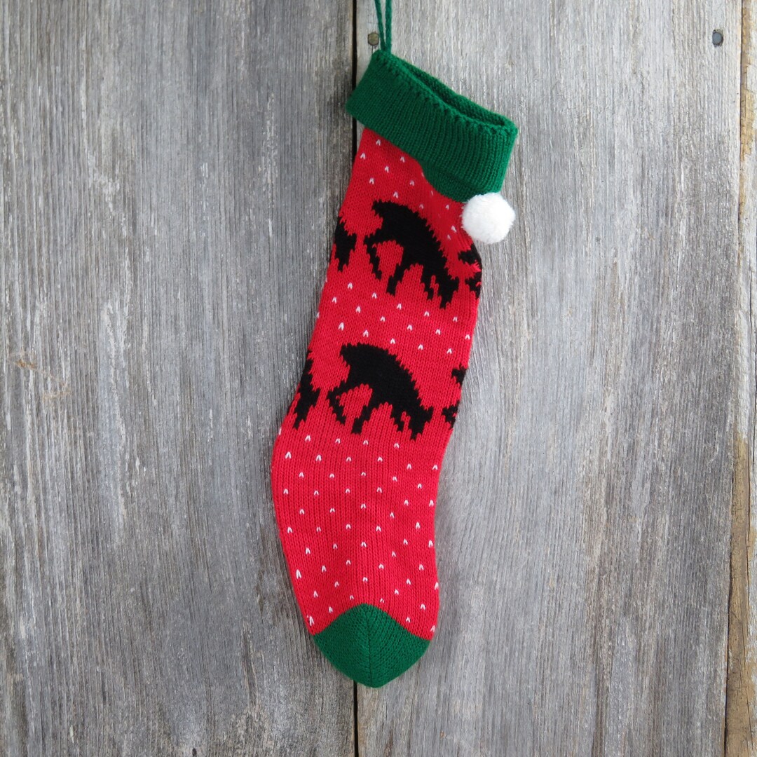 Vintage Reindeer Knit Christmas Stocking Deer Knitted Black Red Green ...