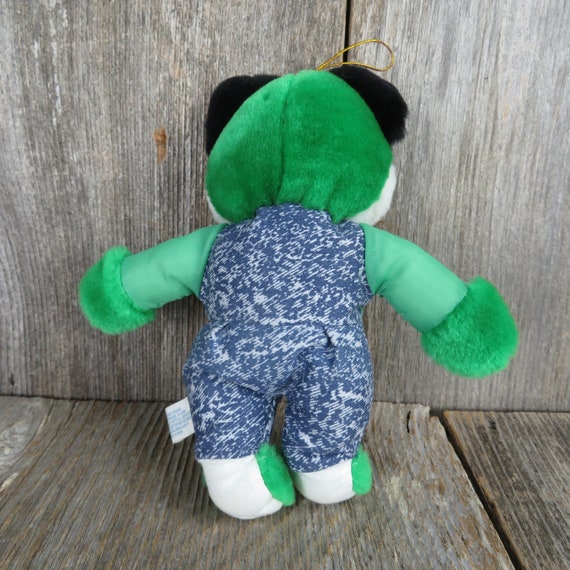 Vintage Green Cat Plush With Fabric Body Blue Vest Pants Kitty Fur