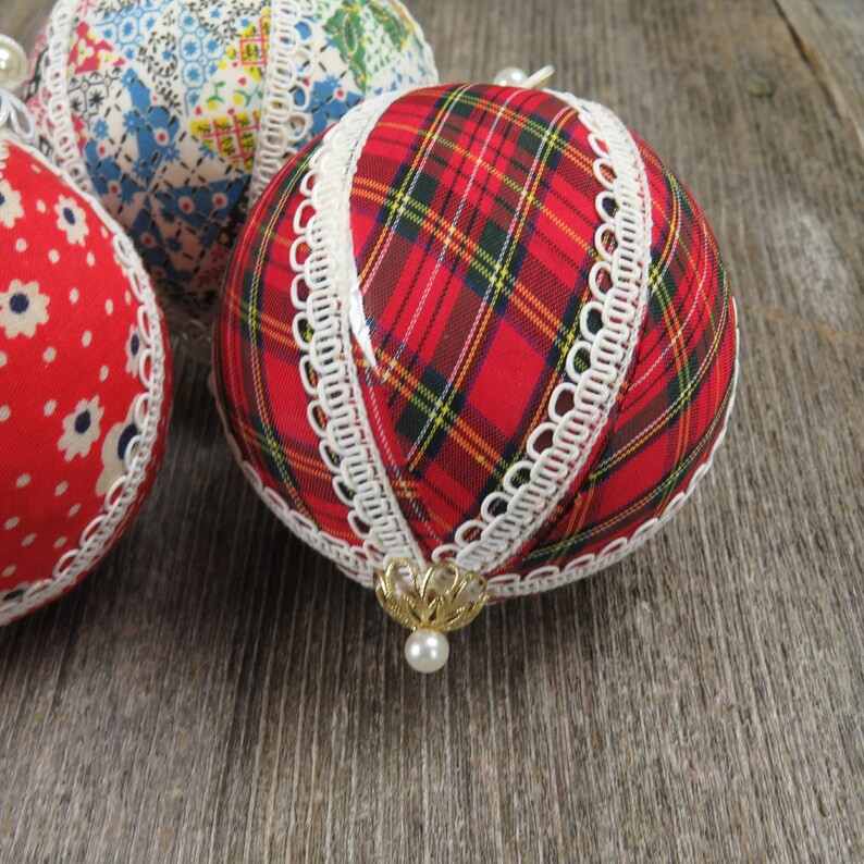 Vintage Ball Christmas Ornament Fabric Beads Lace Ribbon Floral Flowers Plaid Calico Foam