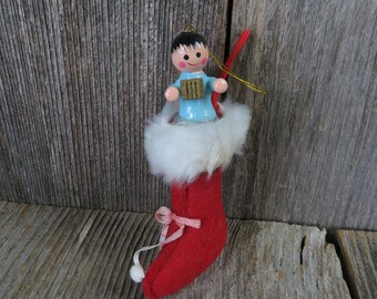 Vintage Wood Angel in Stocking Ornament Blue Dress Red Fur Lined Wooden Christmas