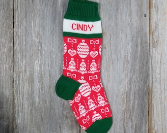 Vintage Knit Stocking Cindy Name Red White Green Knitted Christmas Ornament Pattern Sock st286