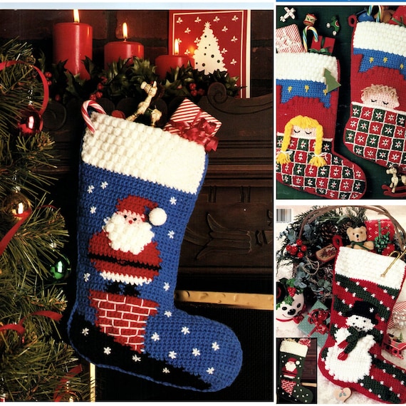 Vintage Crochet Christmas Stocking Pattern Snowman Santa Claus Etsy