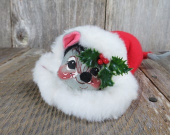 Vintage Mouse In Santa Hat Plush Annalee Christmas Grey Eyes Open Holly Figurine Decoration