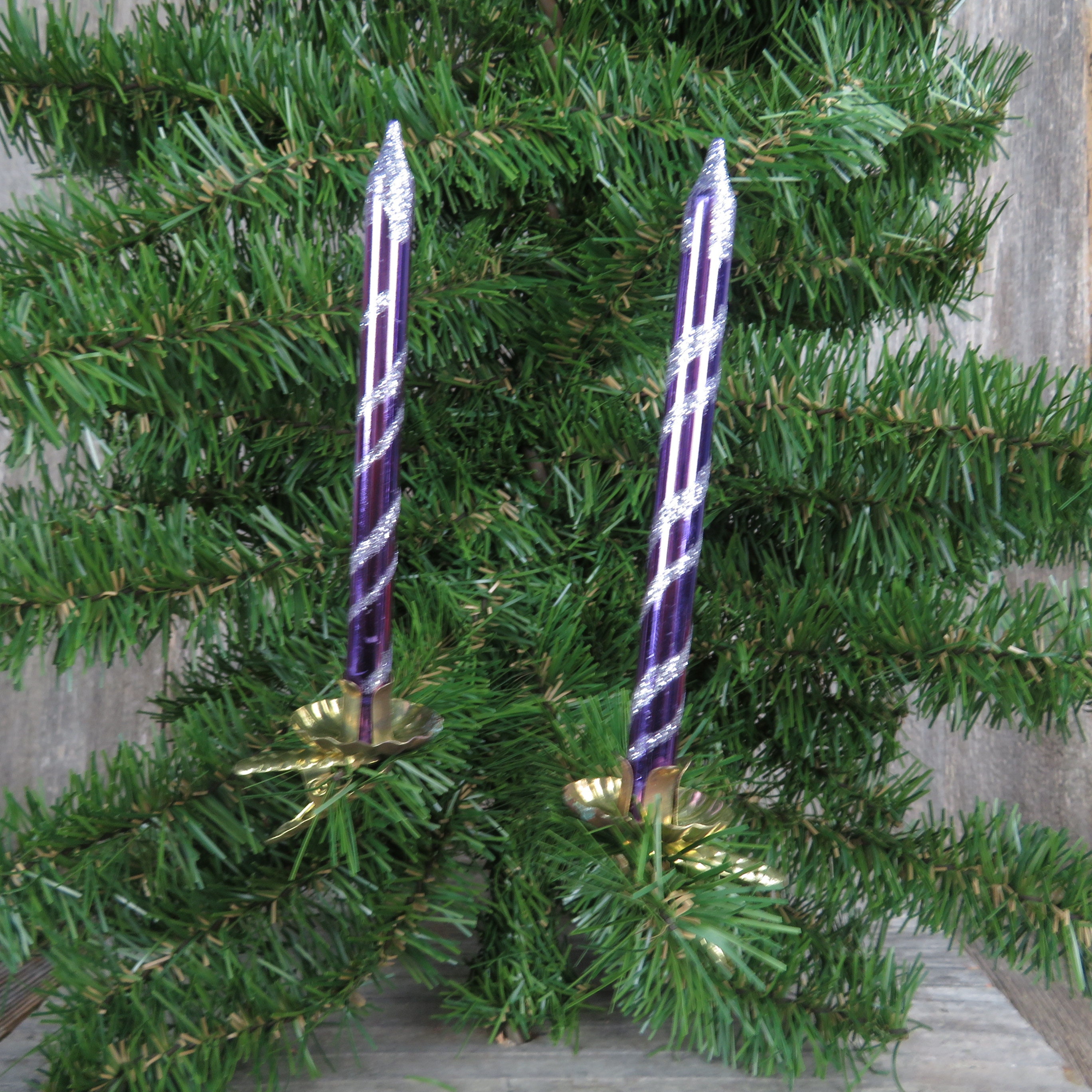 * vintage ornament ୨୧ キャンドル型 クリップオーナメント Purple Striped Candle Clip Ornament Vintage Glass Silver Glitter