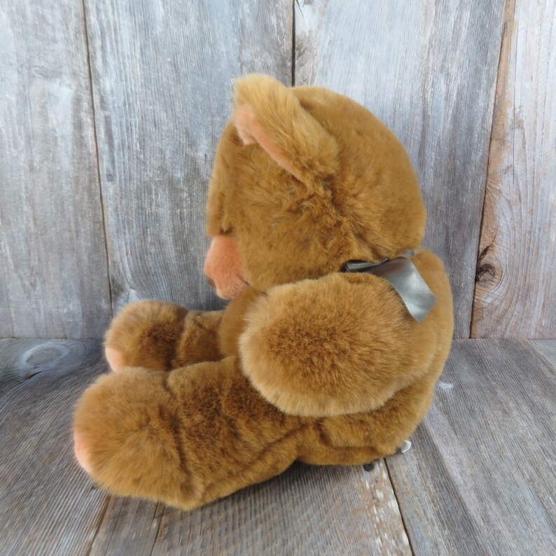 Vintage Large Brown Teddy Bear Plush Bow Flocked Nose Ribbon Stuffed ...