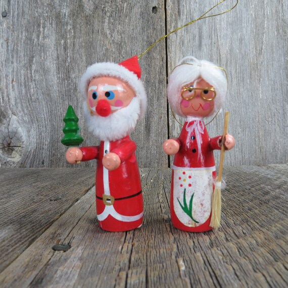 Vintage Mr and Mrs Santa Claus Wood Ornaments Christmas Tree