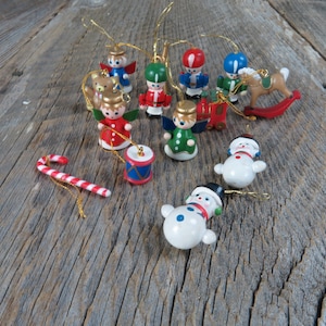 Vintage Miniature Ornament Set Lot Christmas Wood Plastic Snowman Santa Claus Angel Girl Teddy Bear Train Rocking Horse