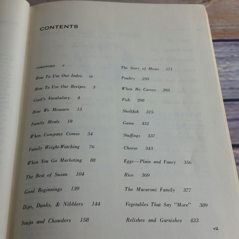 May include: A book titled "CONTENTS" with a table of contents listing various food categories and their corresponding page numbers. The categories include "The Story of Meats", "Poultry", "When He Carves", "Fish", "Shellfish", "Game", "Stuffings", "Cheese", "Eggs", "Rice", "The Macaroni Family", "Vegetables That Say "More"", "Relishes and Garnishes".