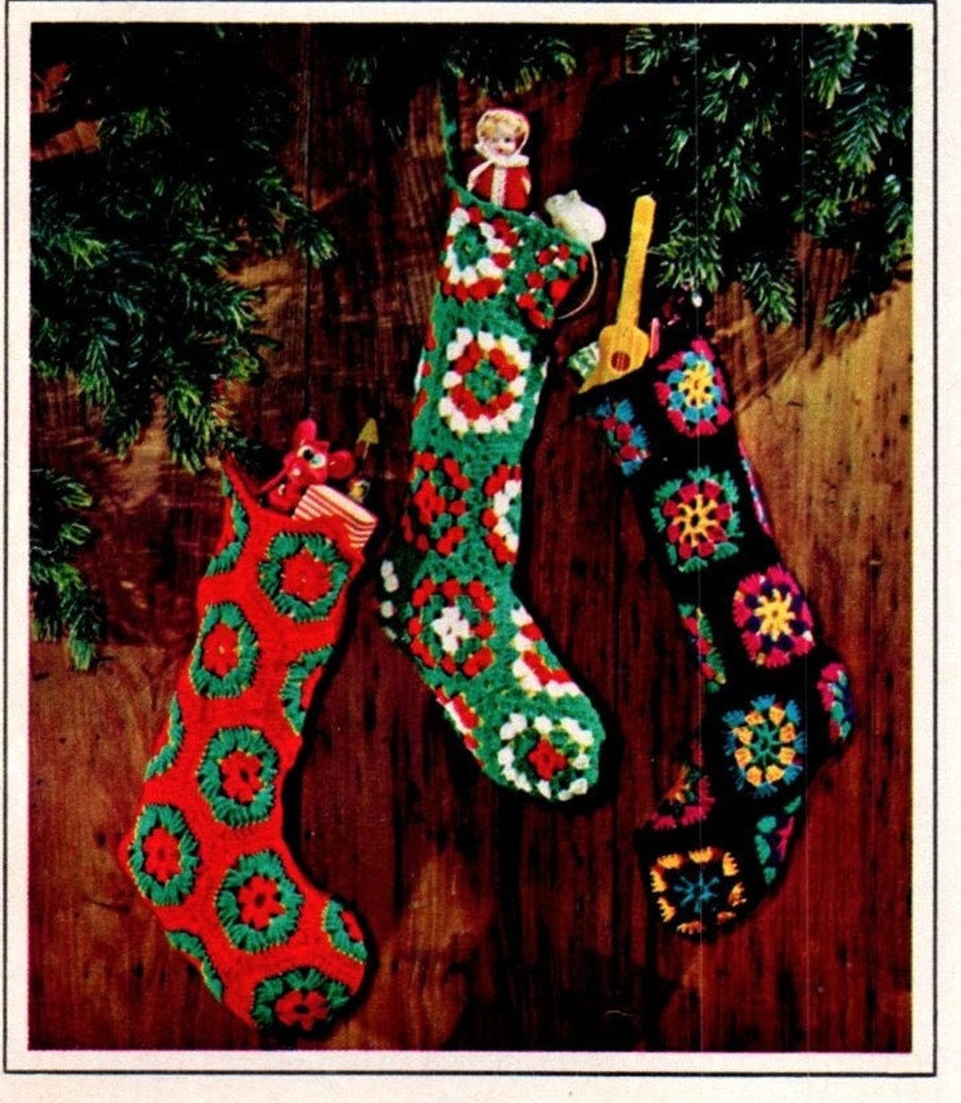 Vintage Crochet Christmas Stocking Pattern Granny Square Stocking ...