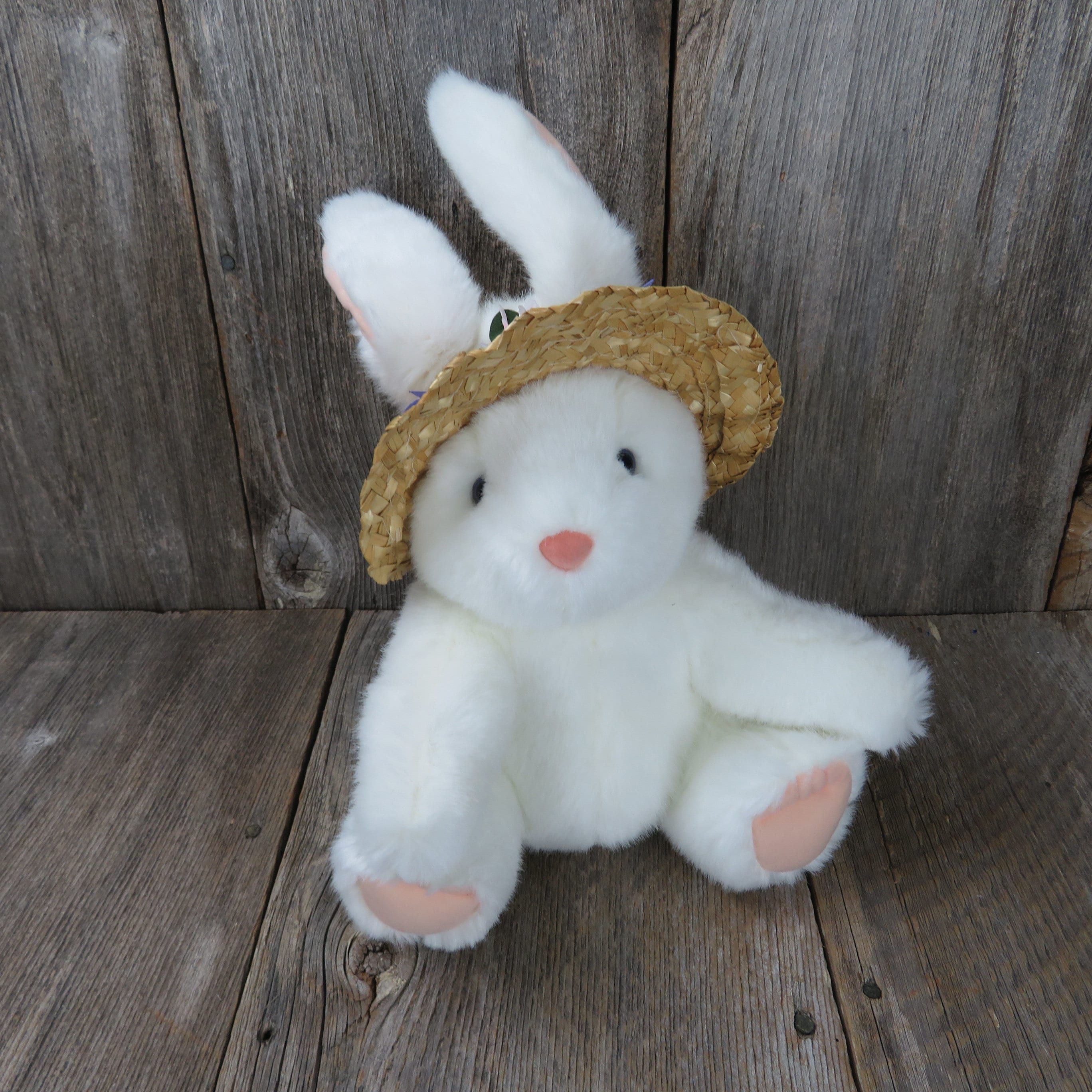 Bunny Plush in Straw Flowered Hat Rabbit White Sitting Pink