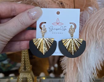 Art Deco fan earrings, Gold black statement earrings, modern geometric dangles, vintage inspired, elegant statement, boho glam earrings,