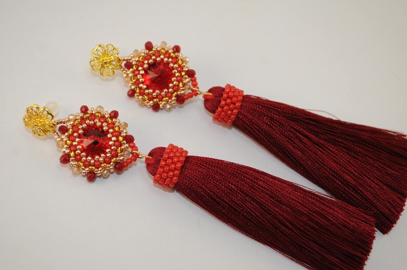 Tassel earrings beaded earrings red tassel earrings statement long oscar fringe jewelry renta holiday tassle stud gold seed beaded earrings