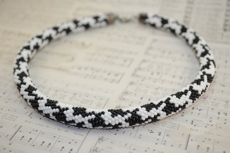 Necklace Bead Crochet Rope White and black Beaded Beadwork seed beads jewelry crocheted handmade statement gift for her bib with idea