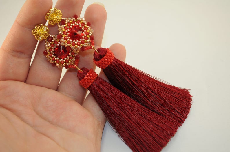 Tassel earrings beaded earrings red tassel earrings statement long oscar fringe jewelry renta holiday tassle stud gold seed beaded earrings