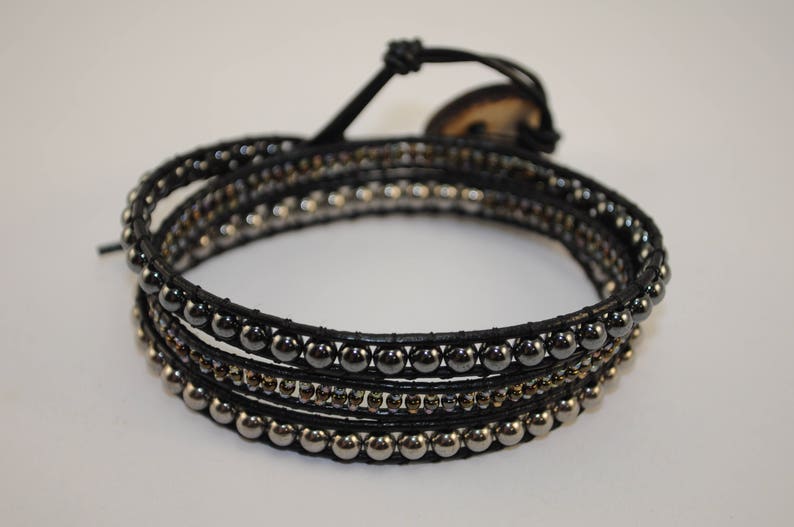 Hematite bracelet leather bracelet wrap bracelet mens bracelet | Etsy