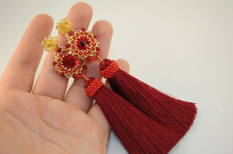 Tassel earrings beaded earrings red tassel earrings statement long oscar fringe jewelry renta holiday tassle stud gold seed beaded earrings
