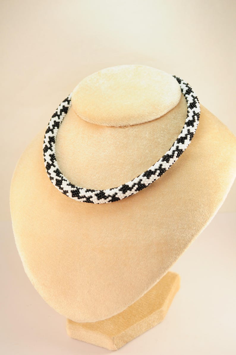Necklace Bead Crochet Rope White and black Beaded Beadwork seed beads jewelry crocheted handmade statement gift for her bib with idea