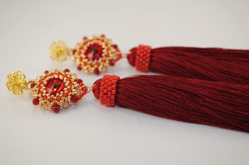 Tassel earrings beaded earrings red tassel earrings statement long oscar fringe jewelry renta holiday tassle stud gold seed beaded earrings
