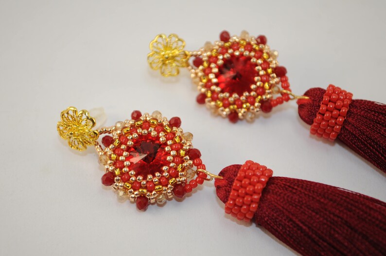 Tassel earrings beaded earrings red tassel earrings statement long oscar fringe jewelry renta holiday tassle stud gold seed beaded earrings