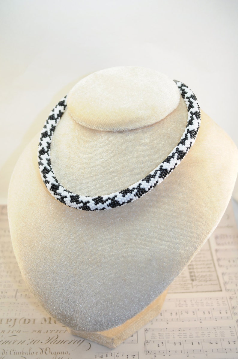 Necklace Bead Crochet Rope White and black Beaded Beadwork seed beads jewelry crocheted handmade statement gift for her bib with idea