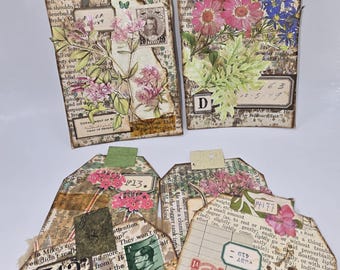 Homemade Junk Journal Ephemera Tags with flowers Set of 6 handmade journal spots
