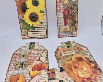 Homemade Junk Journal Ephemera Tags with flowers Set of 5 handmade journal spots