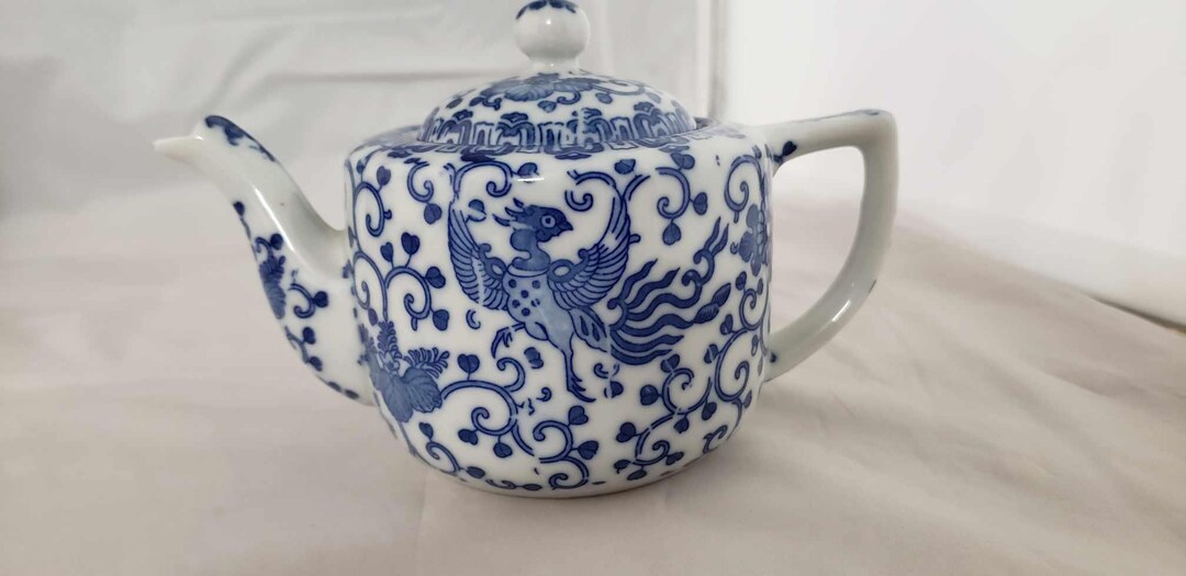 Vintage Blue and White Phoenix Bird Japan Teapot Flying