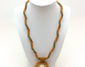 Tan Spiral Herringbone Necklace