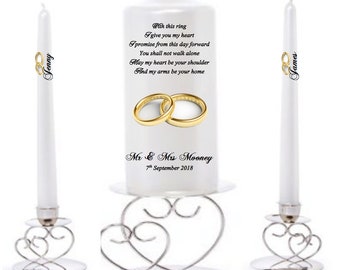 Personalised Gold Rings Wedding Civil Ceremony Unity Candle Set Gift Keepsake