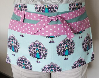 Delantal corto con estampado de pavo real: delantal de algodón para profesor/a, delantal de manualidades con 6 bolsillos, regalo de Navidad.