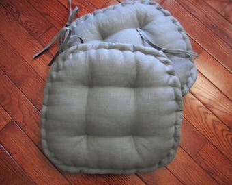Dining chair pad with ties; Custom chair cushion made in gray linen; Tufted chair pad with French quilted edges, Odd or custom shapes