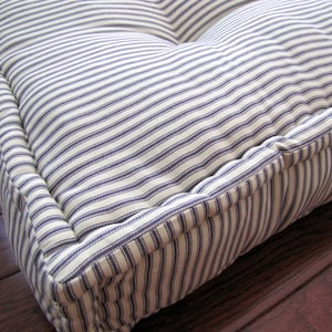 Custom Cushions, Blue Ticking Stripe, French Cushion, Hand Tufted Window Seat or Bench Seat Cushion, Floor Pillow image 3