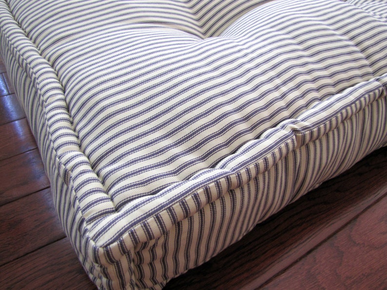 Custom Cushions, Blue Ticking Stripe, French Cushion, Hand Tufted Window Seat or Bench Seat Cushion, Floor Pillow image 3