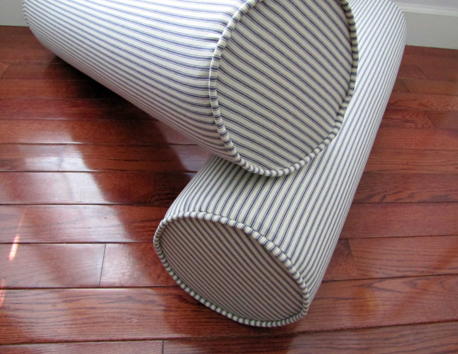 Grateful Home — Bolster Neckroll Pillow in Blue Ticking Fabric, Welted