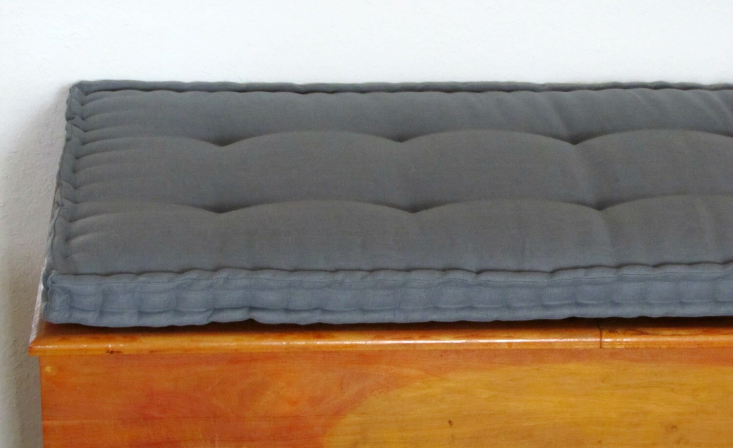 Grateful Home — Custom Bench Cushion, Gray Linen Tufted French Mattress
