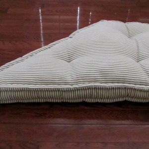 Trapezoid Window Cushion, French Cushion, Tufted Blue Ticking Stripe Window Seat, Custom Bench Seat Cushion, Bay Window Cushion